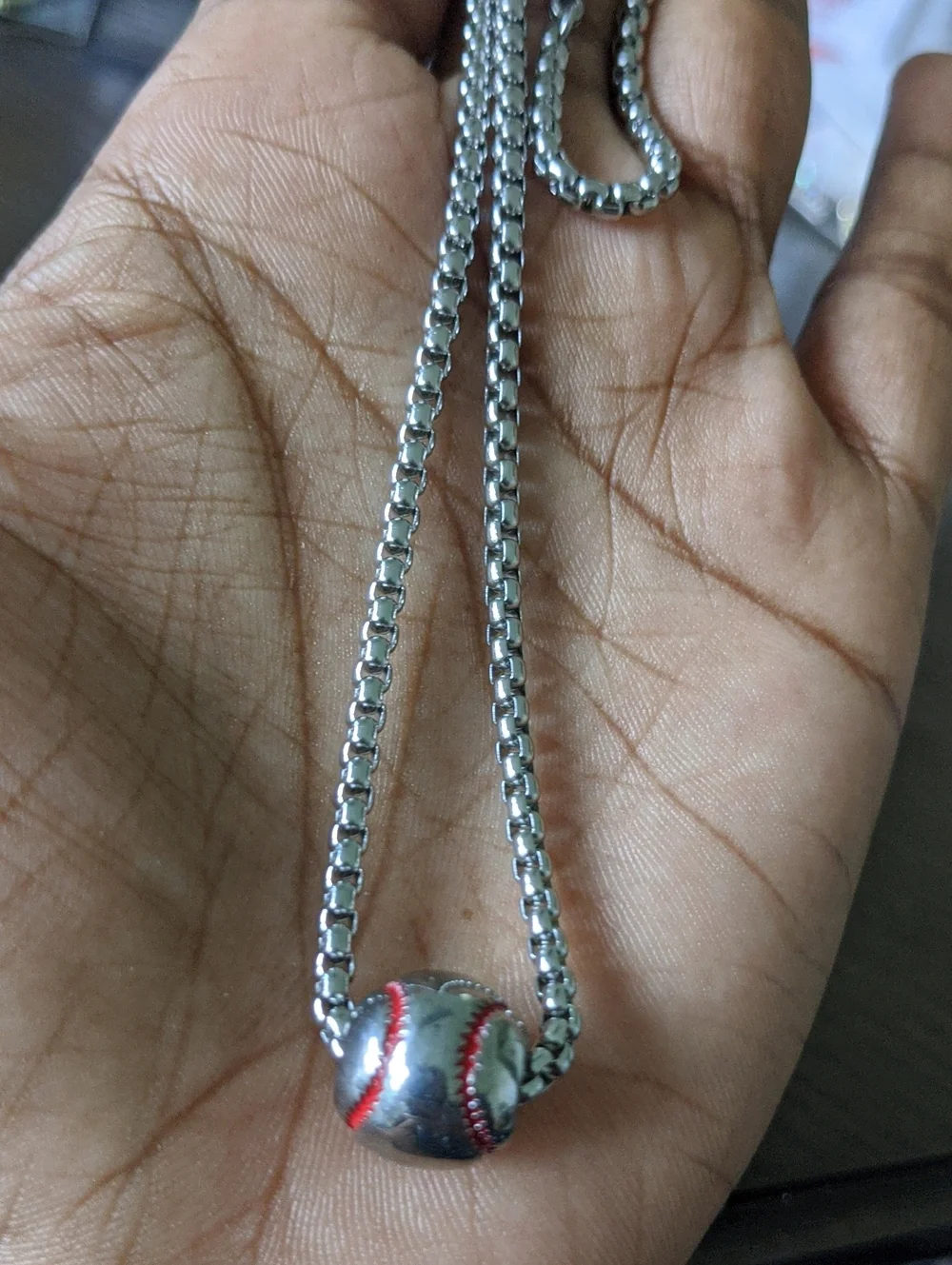 Silver Toned Baseball Charm Necklace in Silver and Red